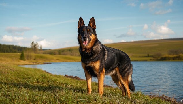 German Shepherd Standing by a Lake Under Blue Skies with Green Grass