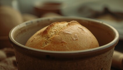 Naklejka premium Freshly Baked Bread in a Ceramic Bowl with a Rustic Background