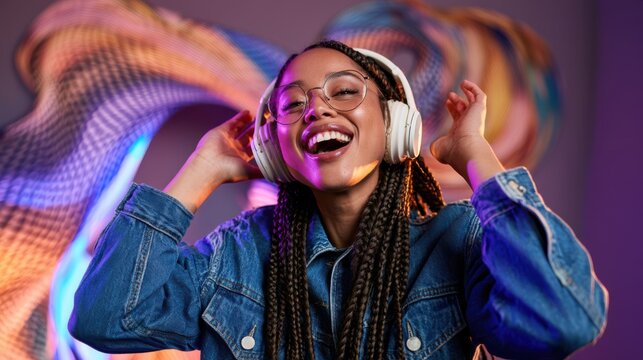 Joyful young woman wearing white over-ear headphones, glasses, and a denim jacket smiling happily against a colorful neon background.