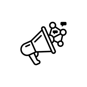 Megaphone line icon represents social media marketing, digital promotion, and network communication.