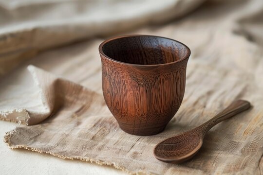 Handcrafted wooden bowl and spoon displayed on a linen napkin, showcasing rustic tableware