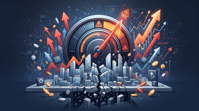 Abstract Economic Crisis Illustration with Cracked Cityscape Volatile Market Charts and Rising Inflation Arrows
