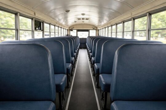 Empty School Bus Interior with Blue Seats and Natural Light