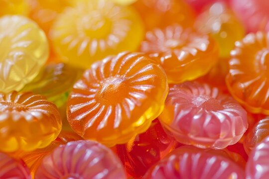 Colorful round hard candies shining brightly creating a vibrant fruity background