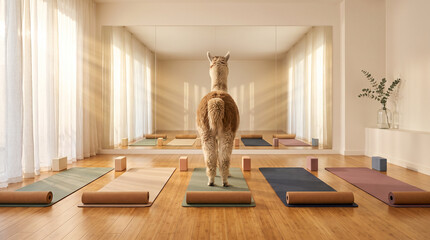 Naklejka premium Llama standing on yoga mat in bright studio with mirrors and natural light