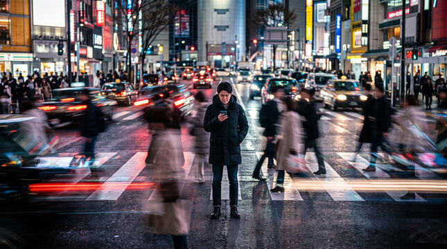 Man looking at smartphone standing still in busy blurred city crosswalk at night