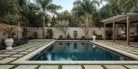 Naklejka premium Tropical Backyard Oasis with Swimming Pool and Lush Greenery