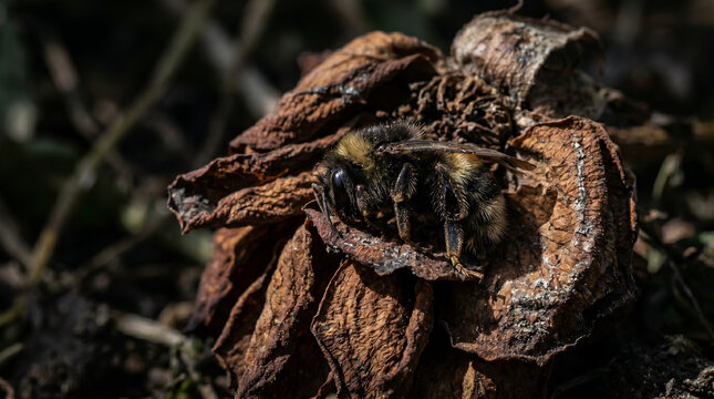 Dead bumblebee on dried leaves symbolizing bee population decline and environmental crisis