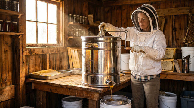 Female beekeeper extracting fresh honey using manual extractor in rustic wooden shed