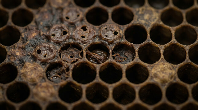 Diseased honeycomb cells with dead bee larvae showing colony health crisis