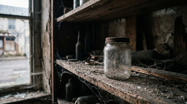 Dusty empty glass jar on abandoned shelf symbolizing the decline of beekeeping