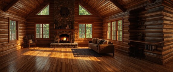 Fototapeta premium Cozy Rustic Cabin Living Room with a Warm Fireplace and Wooden Interior