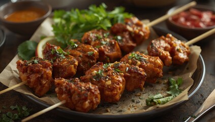 Fototapeta premium Grilled Chicken Skewers Garnished with Fresh Herbs on a Platter with Dipping Sauces