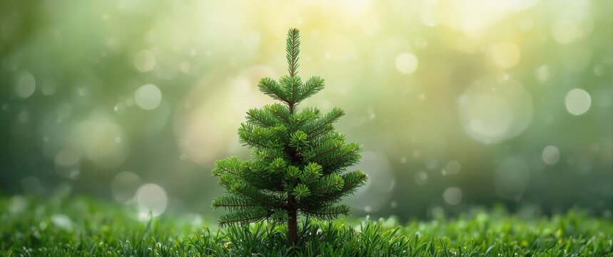 Small Pine Tree Growing in Sunlit Grass with Soft Bokeh Background