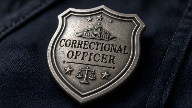 Close-up of a metallic shield-shaped correctional officer badge with engraved text on a dark uniform fabric, symbolizing prison security, law enforcement authority, and detention facility staff