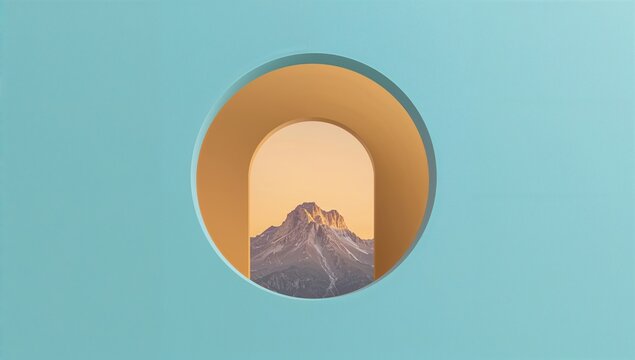 Mountain View Through Circular Arch on Soft Blue Background