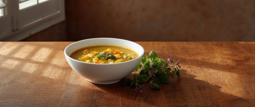 Bowl of Vegetable Soup on a Wooden Table with Fresh Herbs in Natural Light
