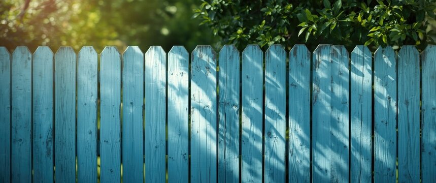 Vibrant Blue Wooden Fence with Green Foliage and Soft Sunlight