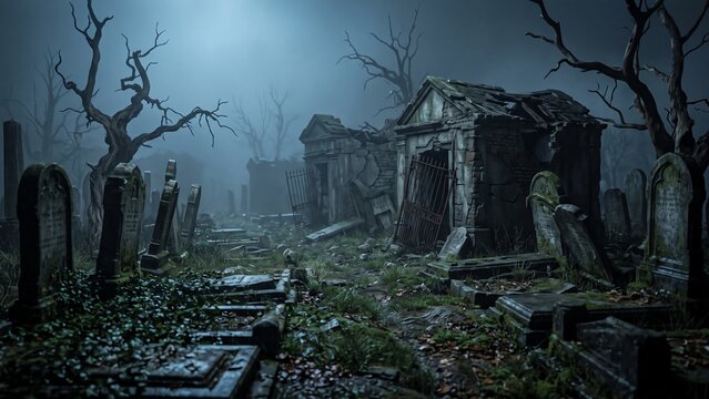 Eerie Foggy Graveyard with Crumbling Tombstones and Mausoleums