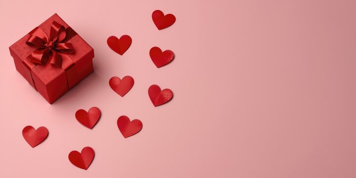 Red Gift Box with Bow Surrounded by Paper Hearts on Pink Background