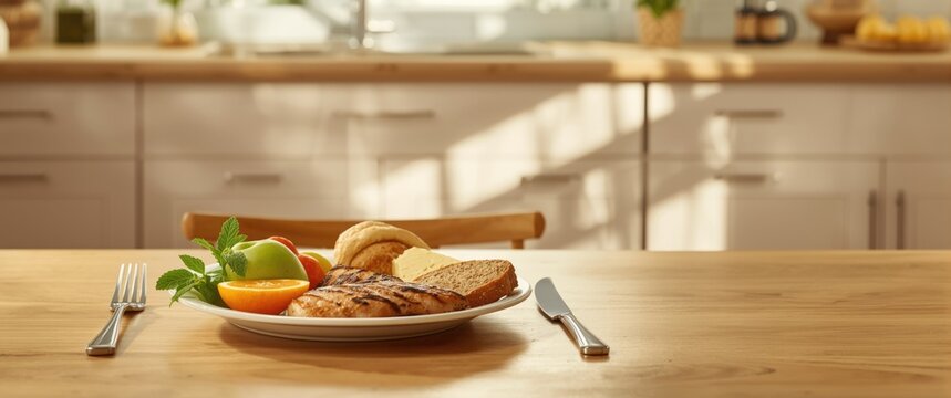 Breakfast Plate with Grilled Chicken Fruits and Bread on a Wooden Table in a Bright Kitchen