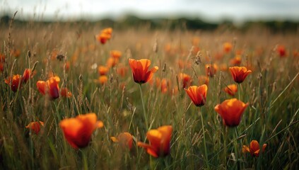 Fototapeta premium Orange Poppies Blooming in a Meadow under Cloudy Skies