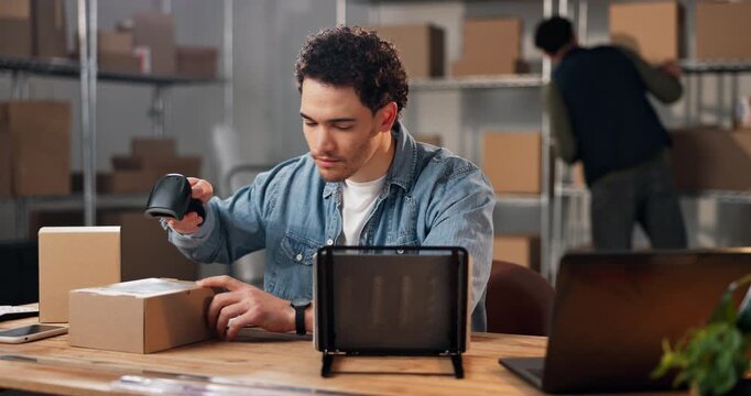 Distribution, scanner and man with tablet for info with invoice, ecommerce or small business. Parcel, entrepreneur and person with tech for logistics, courier inventory and shipping or digital app