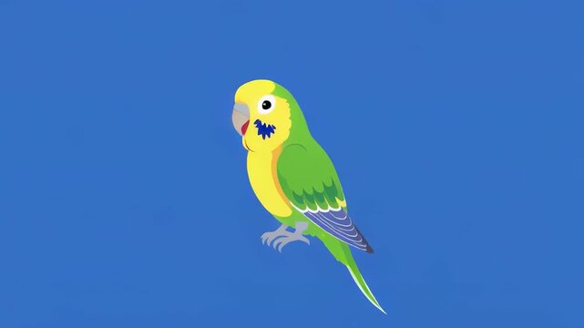 Budgerigar flock flying in synchronized formation against a vibrant blue sky background