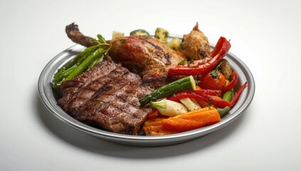 Fototapeta premium Grilled Steak and Roasted Chicken with Fresh Vegetables on Plate