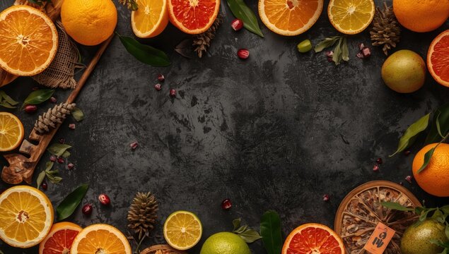 Citrus Fruits Surrounded by Pine Cones and Leaves on Dark Background