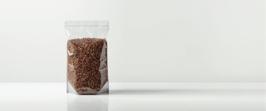 Transparent Bag Filled with Brown Granules Isolated on White