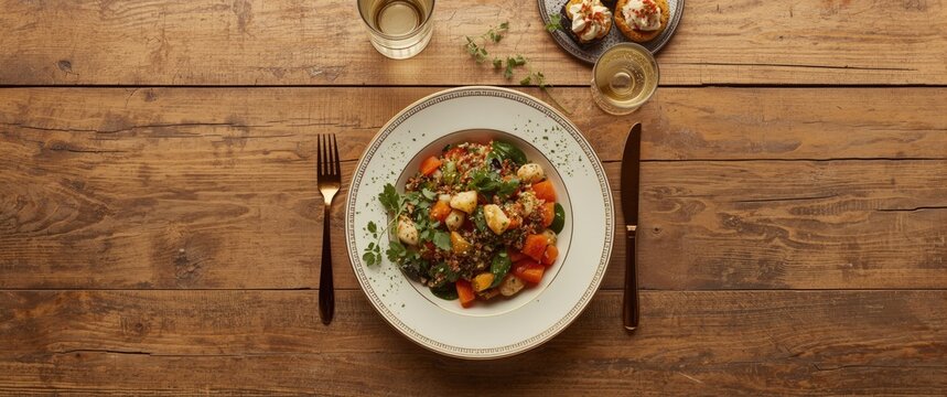 Vegetable and Grain Salad with Garnish on a Rustic Wooden Table