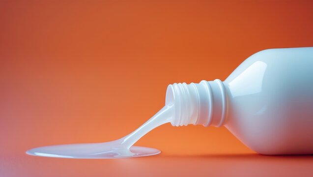 Spilled White Liquid from a Plastic Bottle on an orange Background