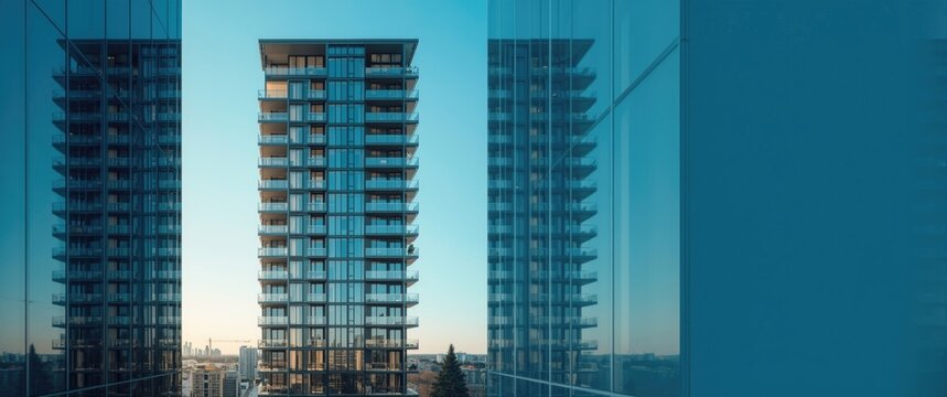 Modern Residential Building with Glass Facades at Sunset Reflected in Windows