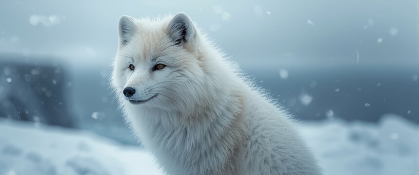 Arctic Fox Standing in Snowy Landscape with Gentle Snowfall