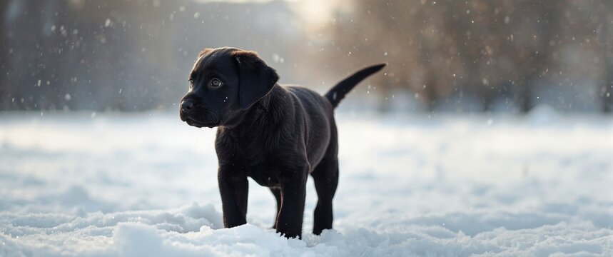 Black Labrador Puppy Playing in Snow During Winter with Soft Light