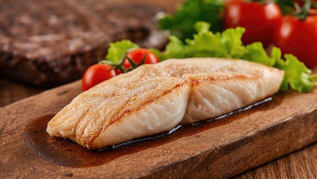 Grilled Fish Fillet with Cherry Tomatoes and Fresh Lettuce on a Wooden Board
