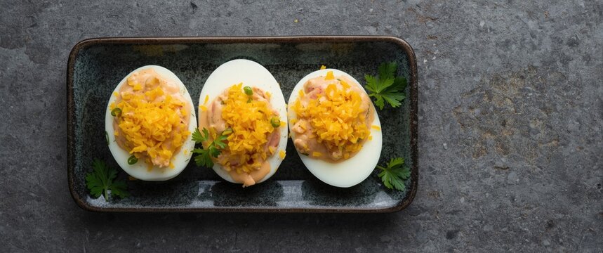 Deviled Eggs Topped with Shredded Carrots on a Dark Plate