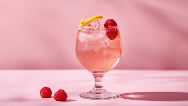 Refreshing Raspberry Cocktail in a Glass with Ice and Lemon Garnish on Pink Background