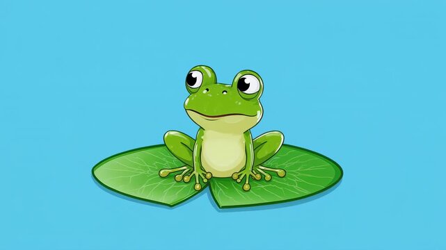 Cute cartoon frog sits on a lily pad in a tranquil pond with gentle ripples