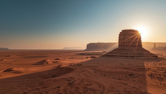 Desert Landscape at Sunrise with Rock Formation and Soft Shadows