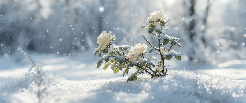 Snow Covered White Roses Blooming in a Winter Landscape with Soft Snowfall