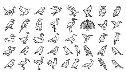 Naklejka premium Origami Bird Set, Geometric Folded Paper Line Art Vector Collection