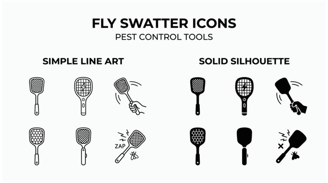 Fly swatters in line art and solid silhouette styles on a white background