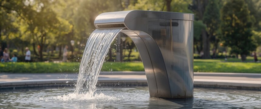 Modern Water Fountain Flowing into a Circular Pool in a Sunlit Park
