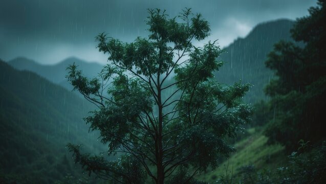 Lonely Tree in Rainy Mountain Landscape under Dramatic Clouds