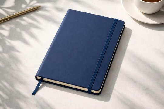 Navy Notebook on a Table with Coffee Cup and Shadows