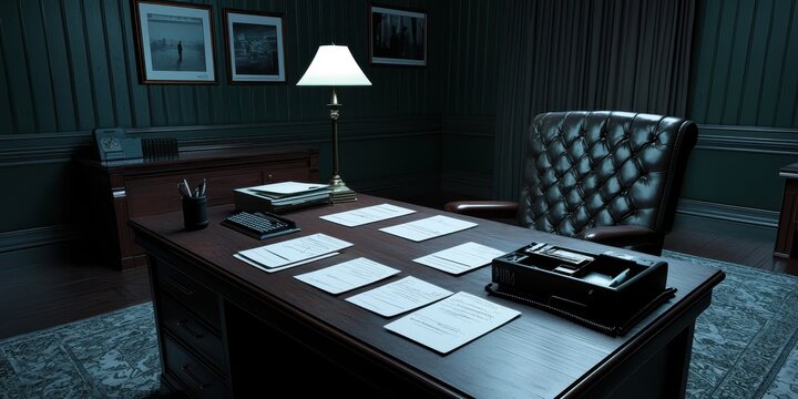 Elegant office workspace with dark wood furniture and soft lighting for professional atmosphere