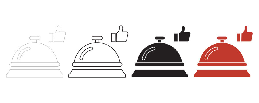 Hotel reception desk service bell icon set featuring thumbs up rating symbol in black outline and solid silhouette styles