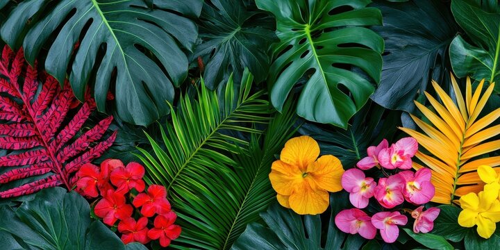 Lush natural background featuring vibrant tropical leaves and a variety of colorful flowers